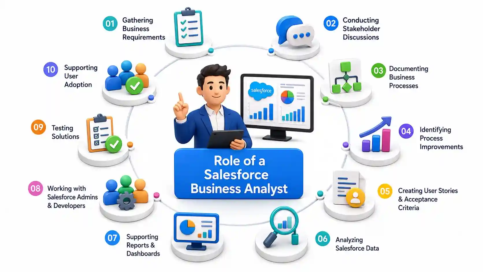 Salesforce Business Analyst role showing requirement gathering, process analysis, Salesforce data, stakeholder collaboration, user stories, and solution testing.